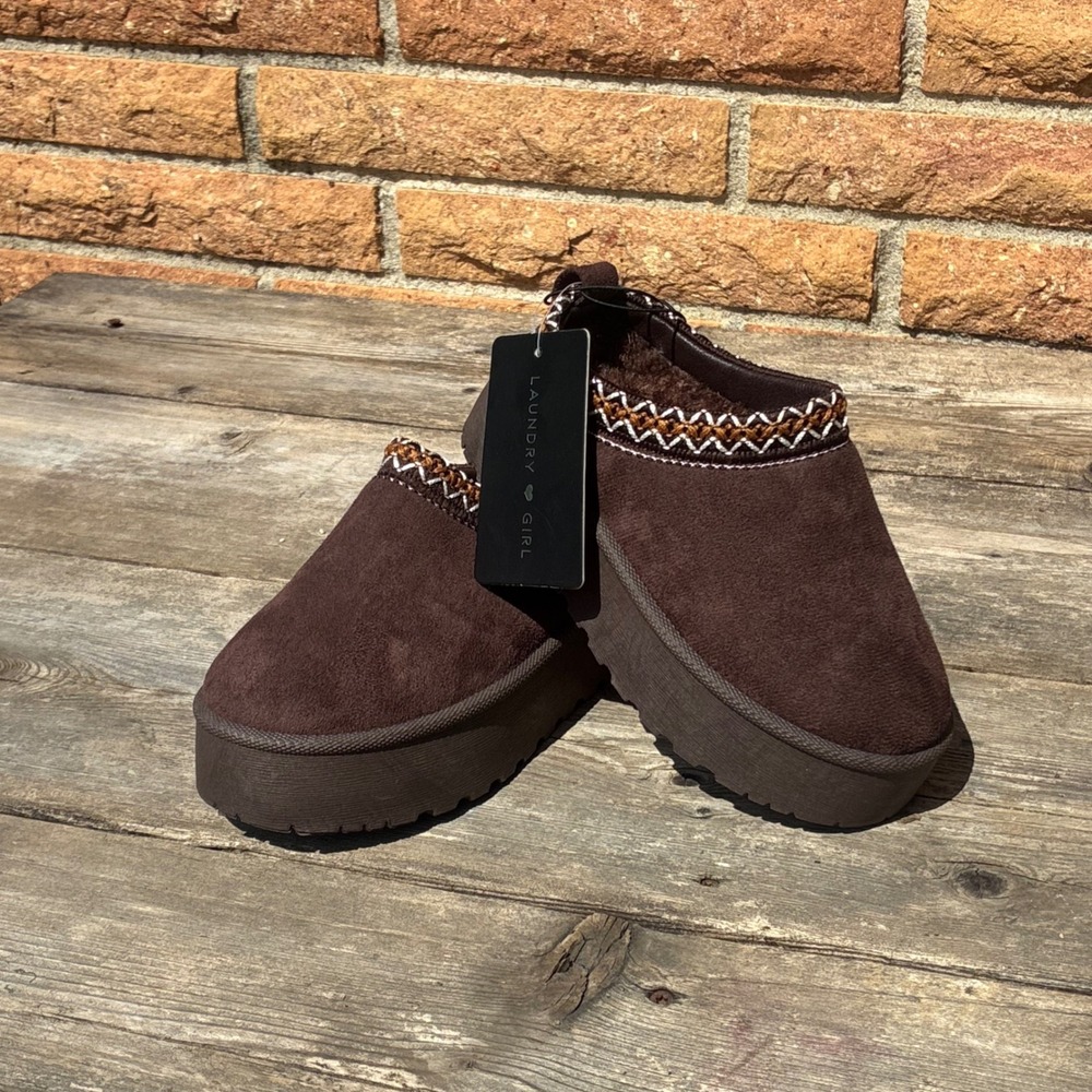 UGG Tazz Style Laundry Girl Platform Slippers 12 Brown Faux Fur Suede Mules